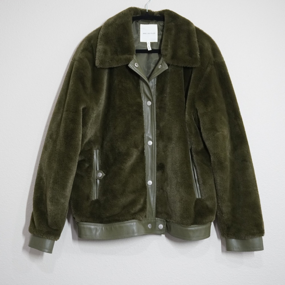 Avec Les Filles Size XL Faux Fur Jacket Olive Green Feminine Girly Chic Cozy